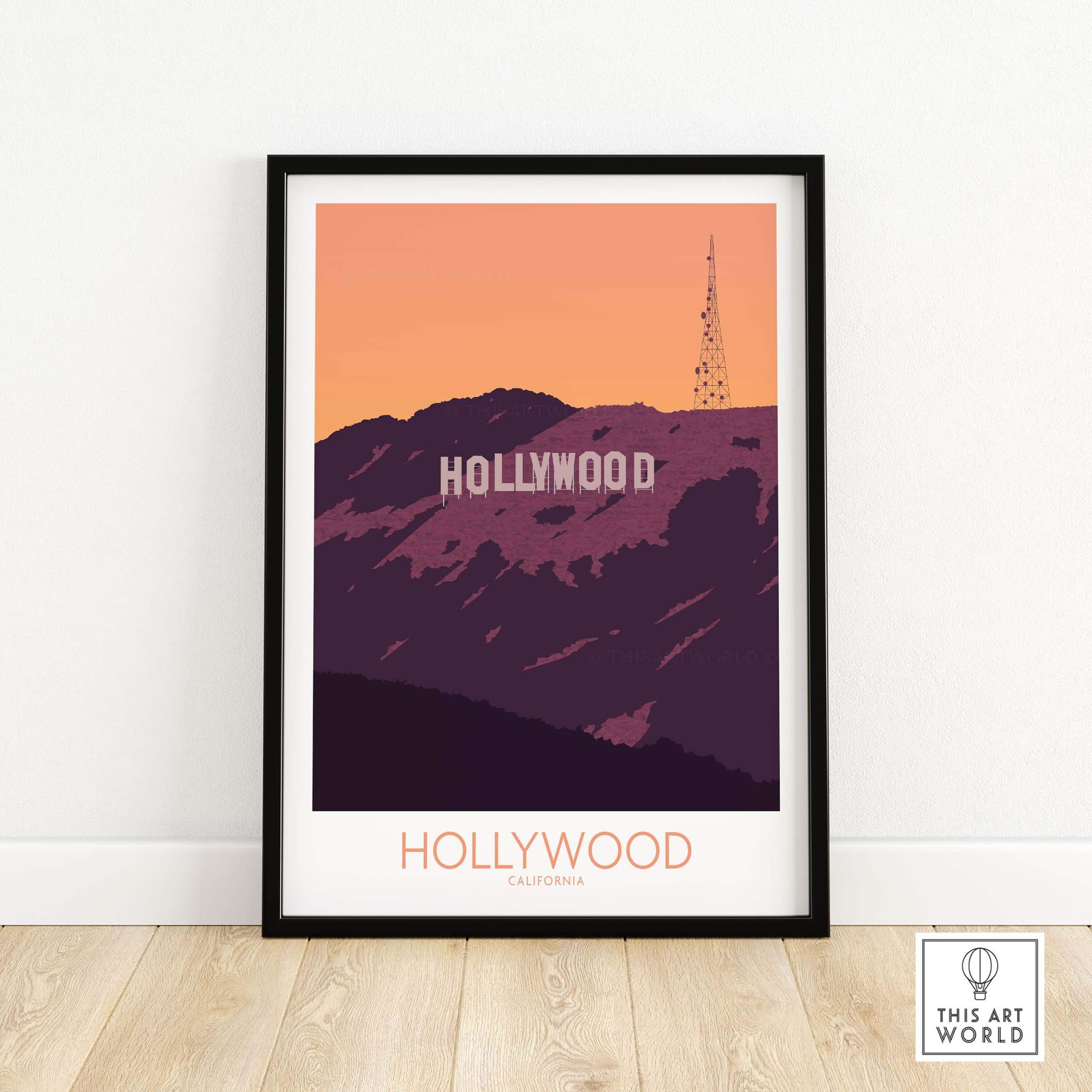 Hollywood Print California Poster featuring the iconic Hollywood sign at sunset, perfect for travel art decor.