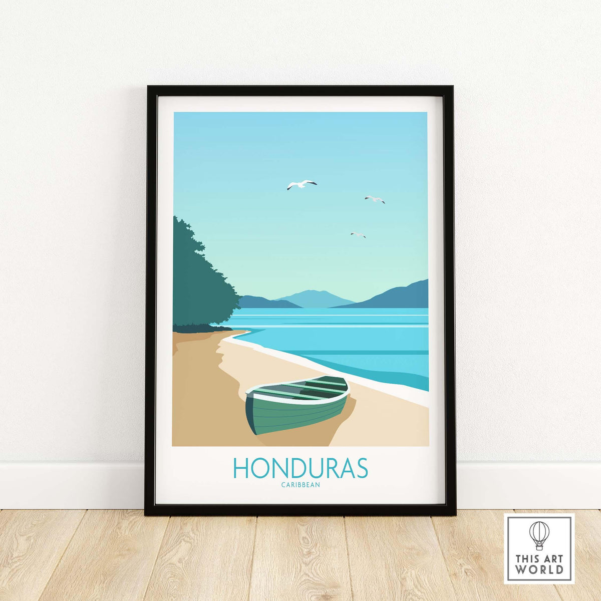 Honduras Caribbean poster print featuring a boat on a serene beach with blue skies, perfect for travel-inspired wall art.