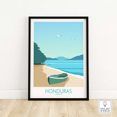 Honduras Caribbean poster print featuring a boat on a serene beach with blue skies, perfect for travel-inspired wall art.
