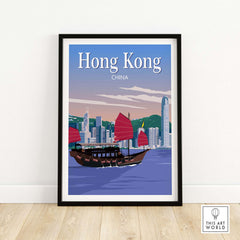 Hong Kong travel poster print featuring a traditional boat and skyline, capturing nostalgic wanderlust in a minimalist style.