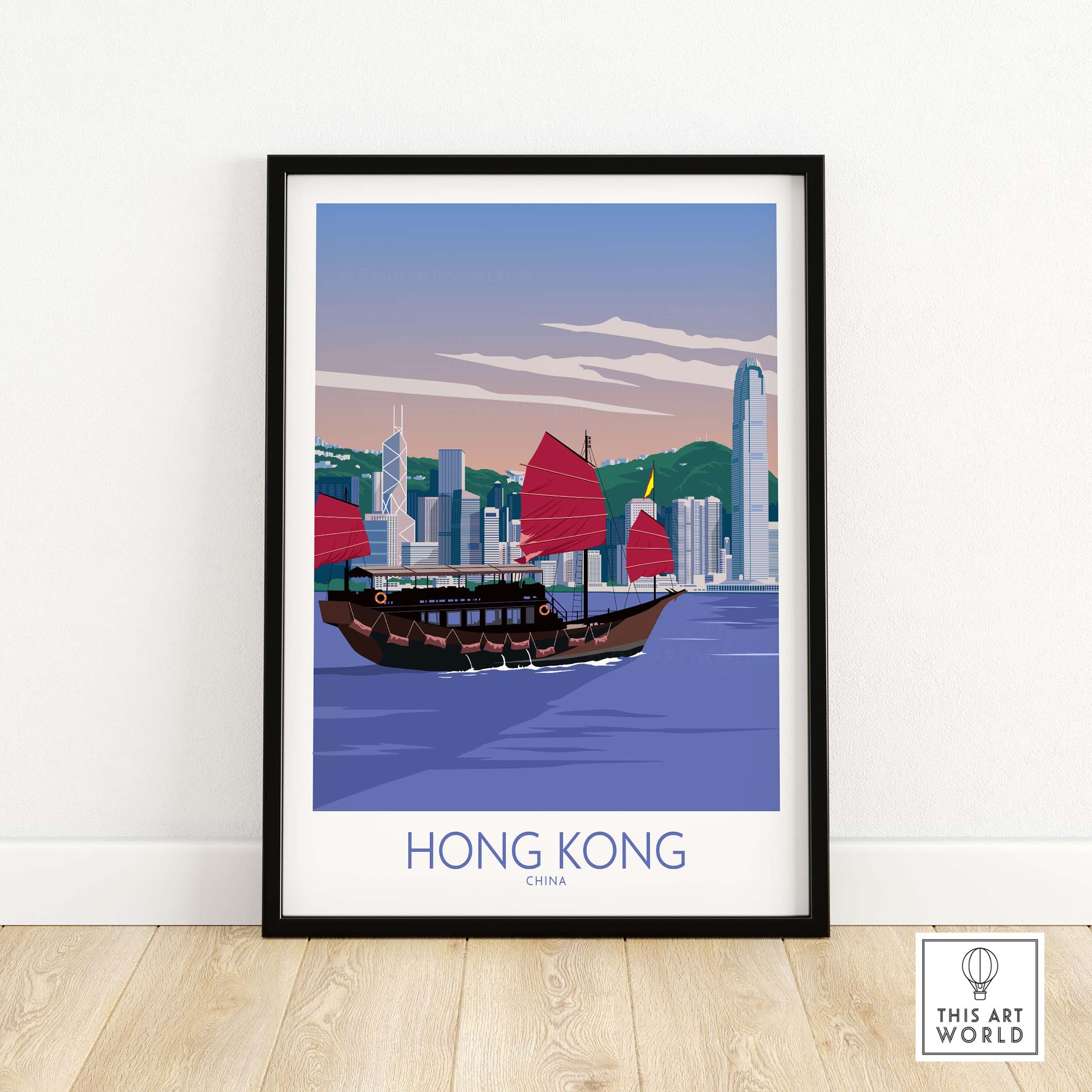 Framed Hong Kong travel poster print featuring a traditional junk boat and skyline in minimalist style.