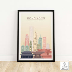 Hong Kong skyline print featuring iconic buildings in warm pastel tones, perfect for wall art and home decor.