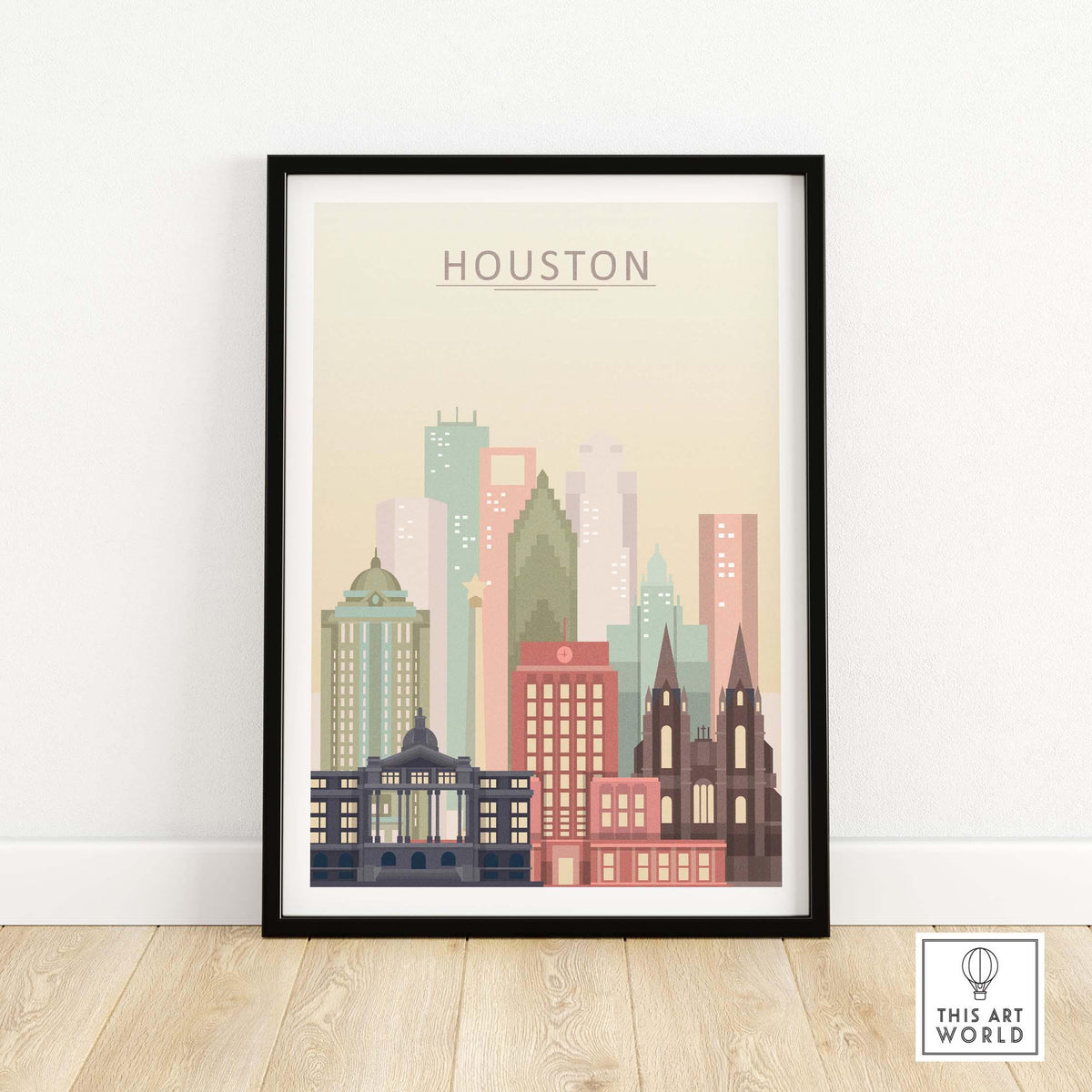 Houston skyline print in warm pastel tones showcasing iconic architecture, perfect for wall art decoration.