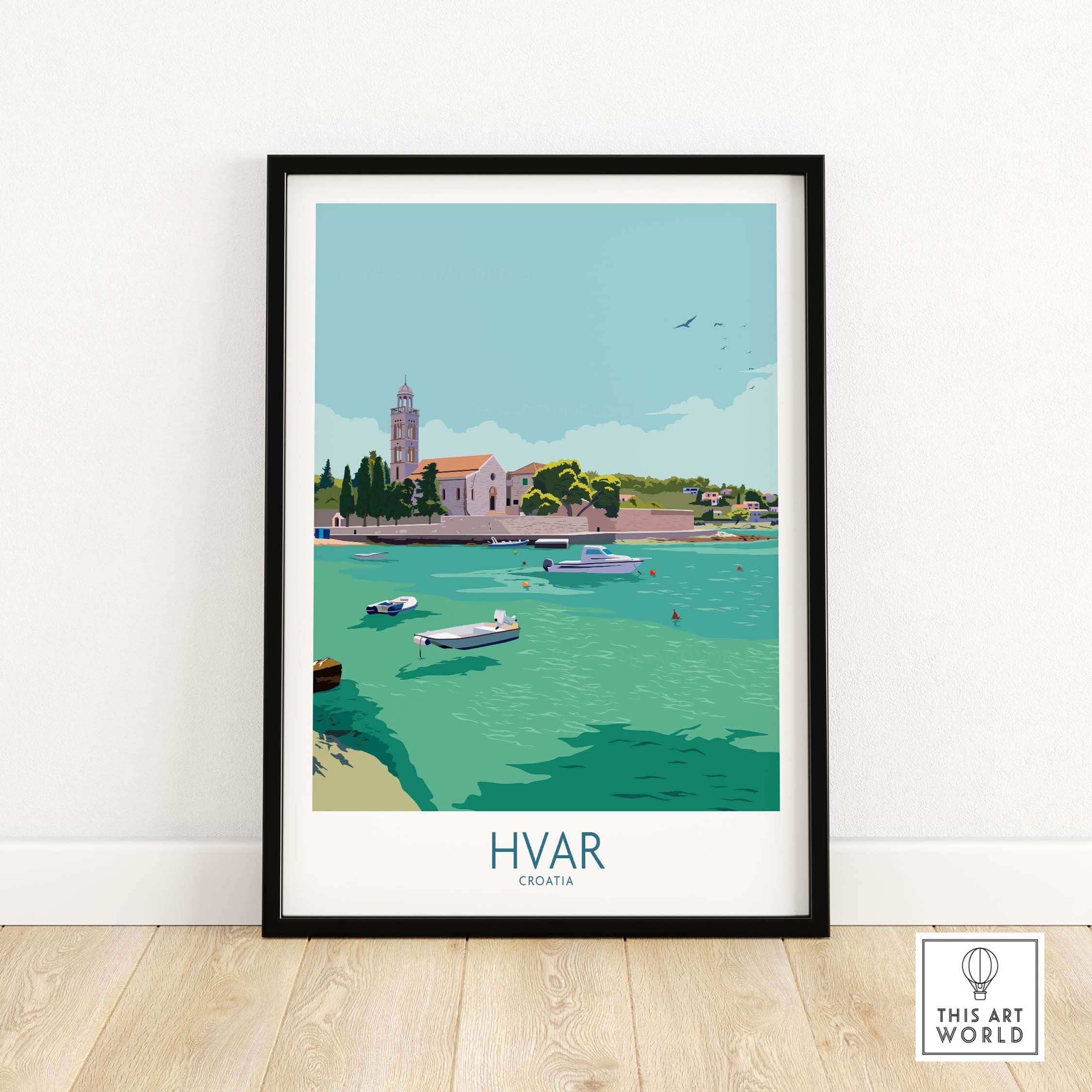Hvar Print Croatia Travel Poster showcasing boats near a coastal town, inspired by vintage travel art.