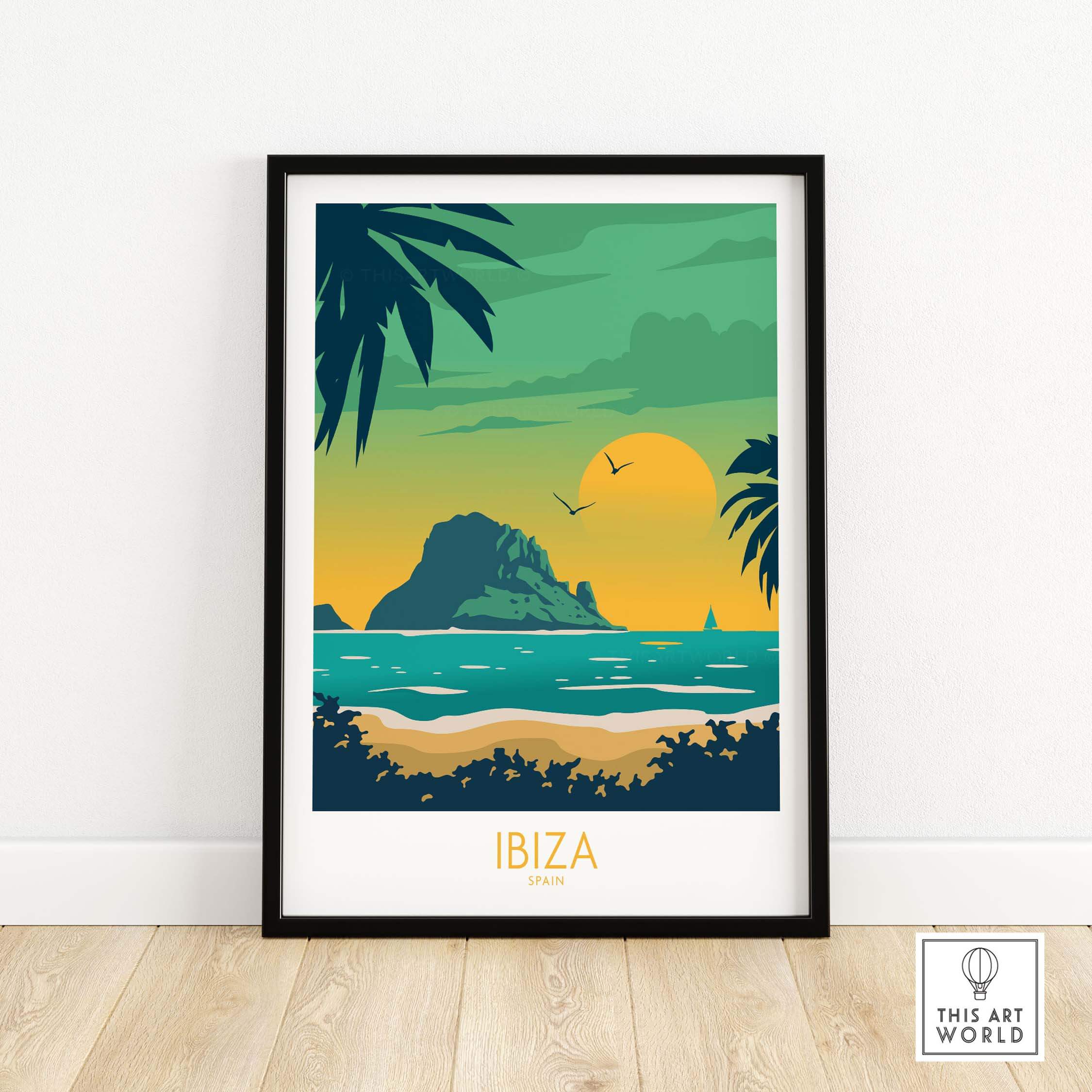 Ibiza print travel poster featuring a serene beach scene with palm trees and a sunset.