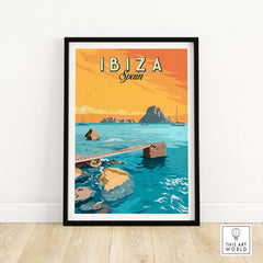 Framed Ibiza Print Spain Sunset Poster featuring vibrant ocean and scenic landscape.