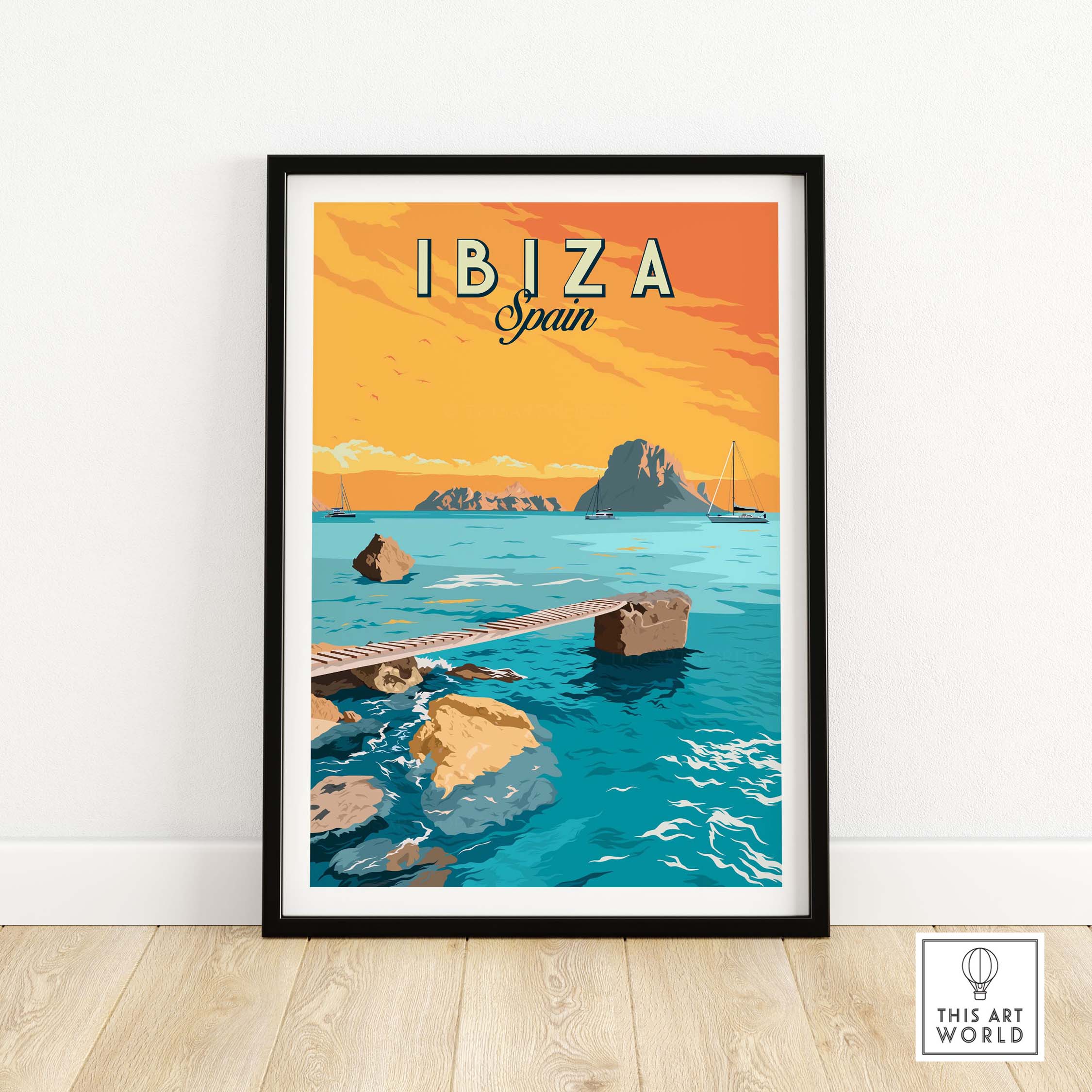 Framed Ibiza Print Spain Sunset Poster featuring vibrant ocean and scenic landscape.