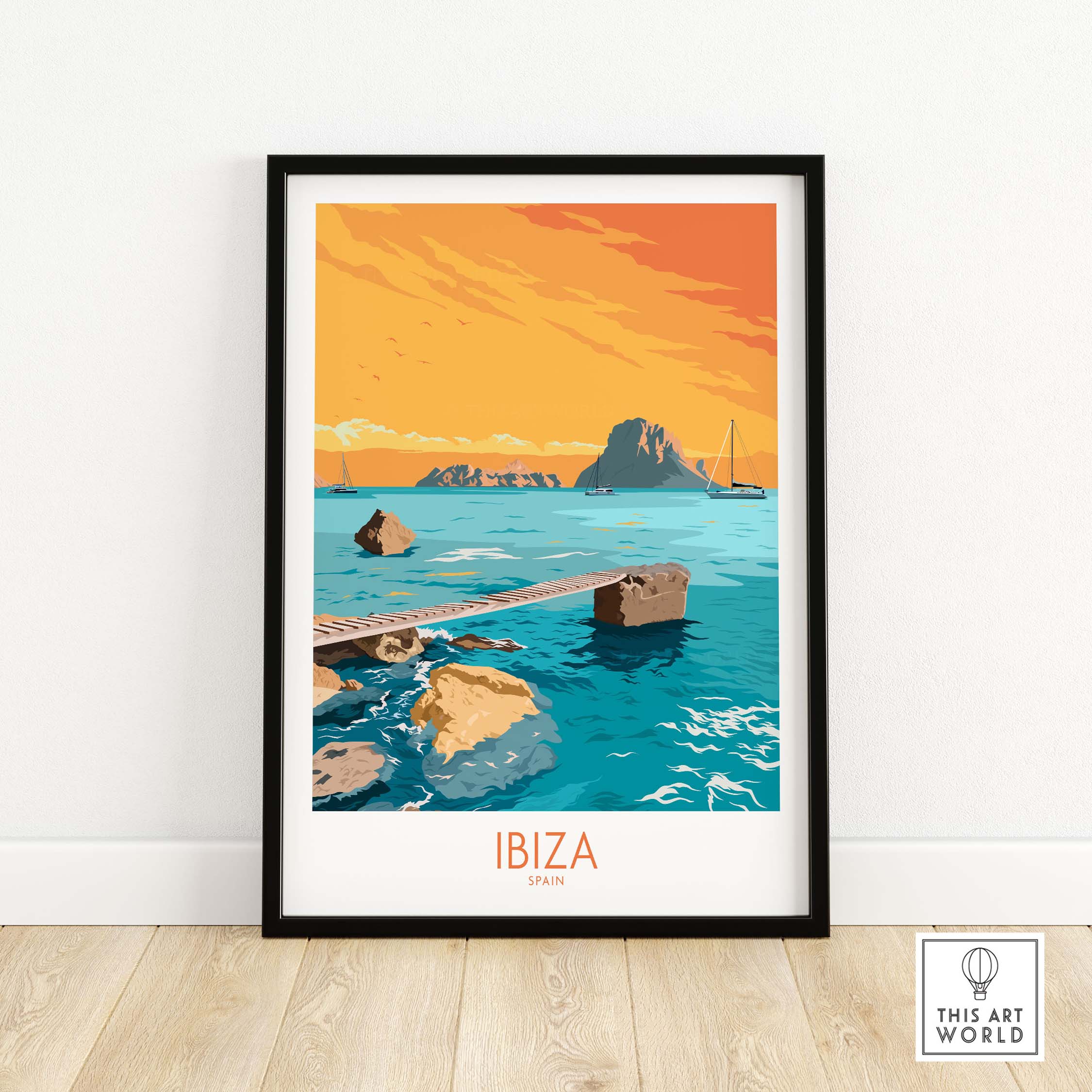 Vintage Ibiza poster art featuring a vibrant island landscape and tranquil waters, framed and ready for stylish wall decor.
