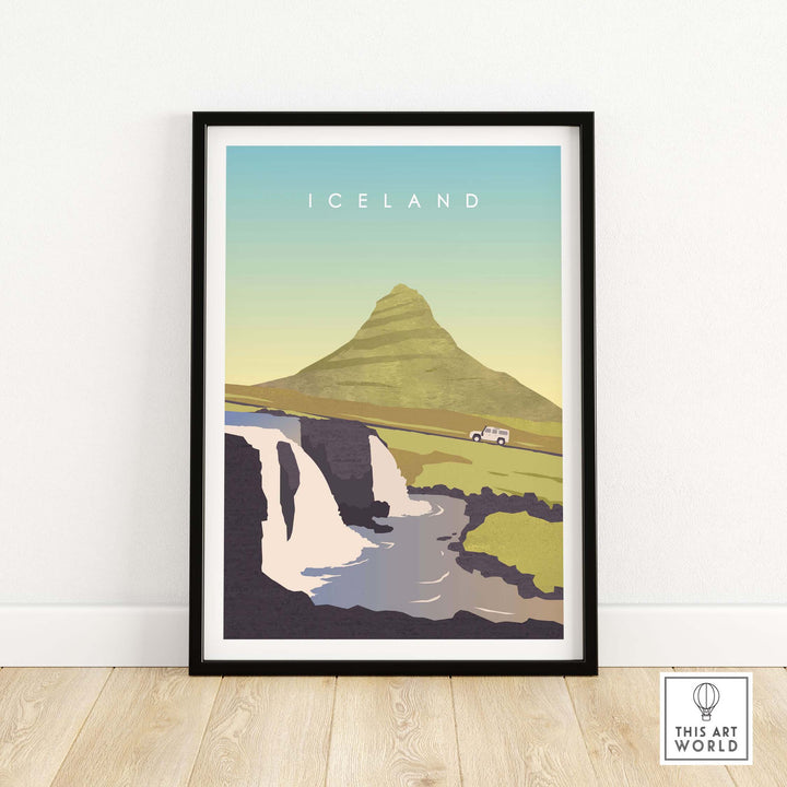 Iceland Poster in a black frame showing a land rover driving past a mountain with a waterfall in front