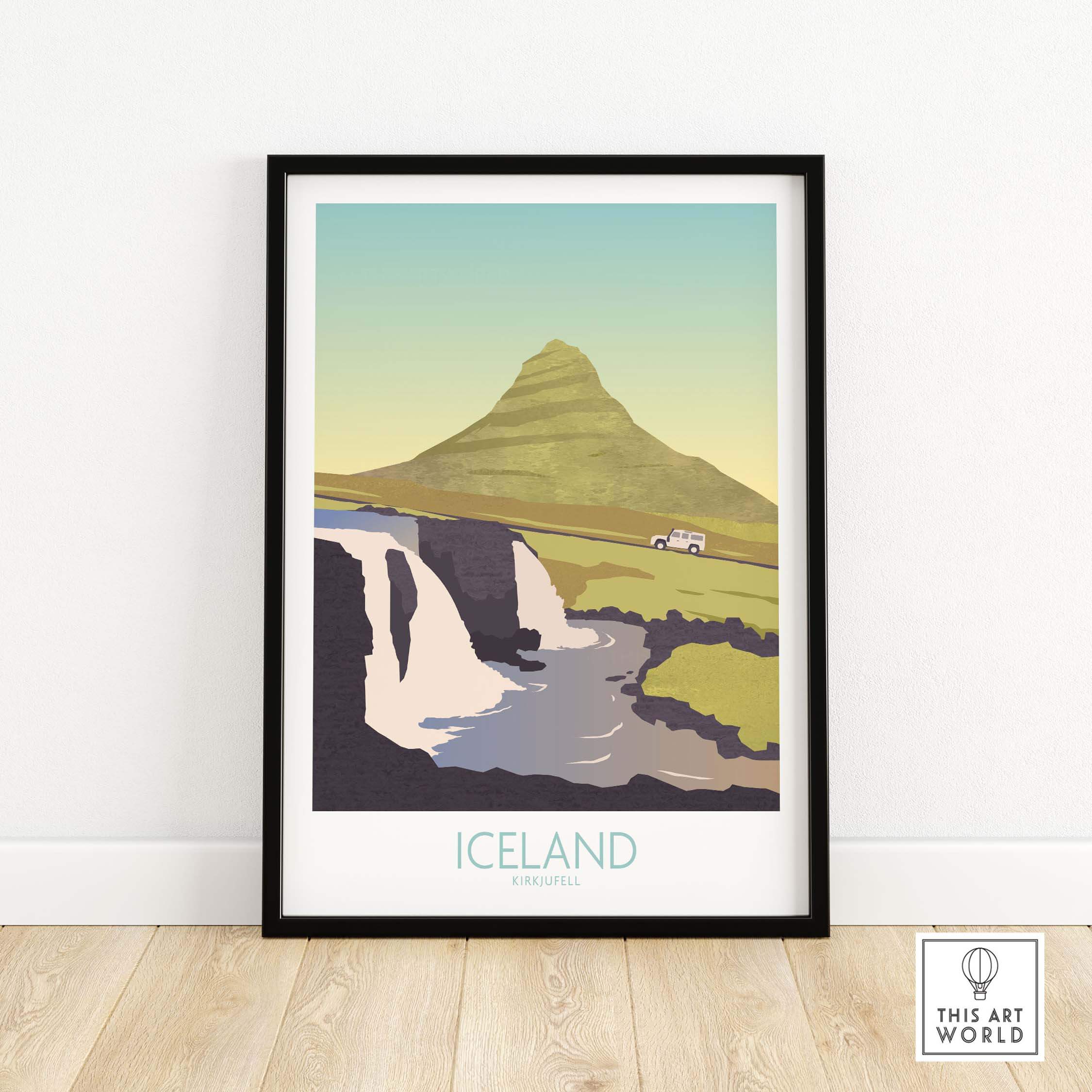 Iceland Print Travel Poster featuring a scenic landscape with mountains and waterfalls, perfect for home or office decor.