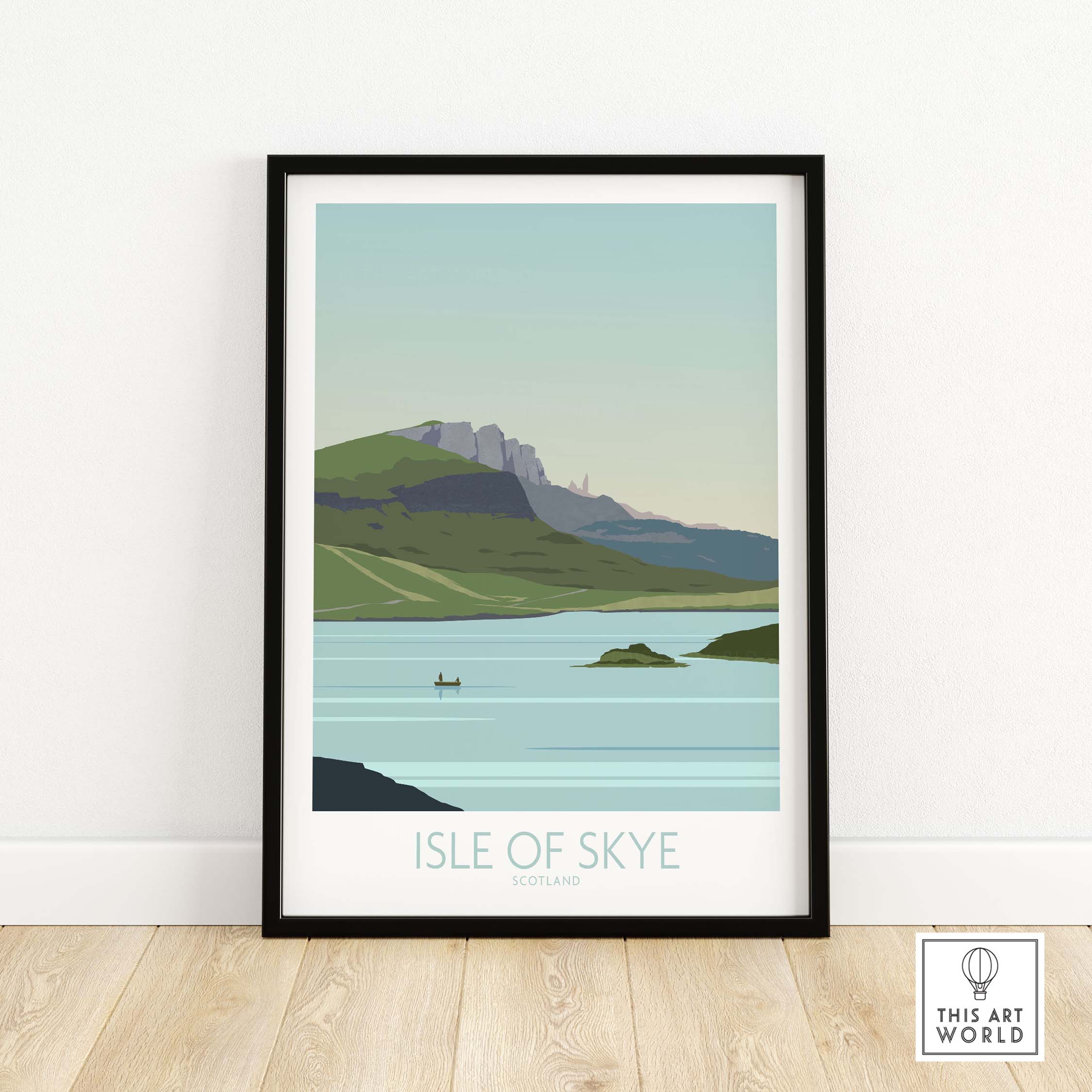 Isle of Skye Scotland print featuring scenic landscape with mountains and water in a black frame.