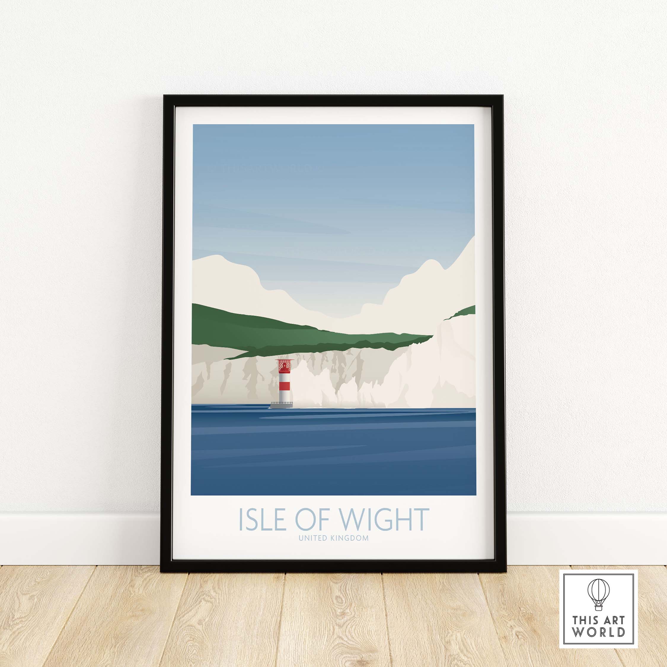 Isle of Wight Print featuring coastal cliffs and lighthouse, vintage travel poster style, perfect for home decor.