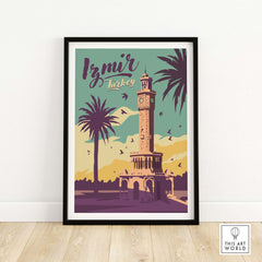Izmir Turkey travel poster featuring clock tower and palm trees, vintage style wall art
