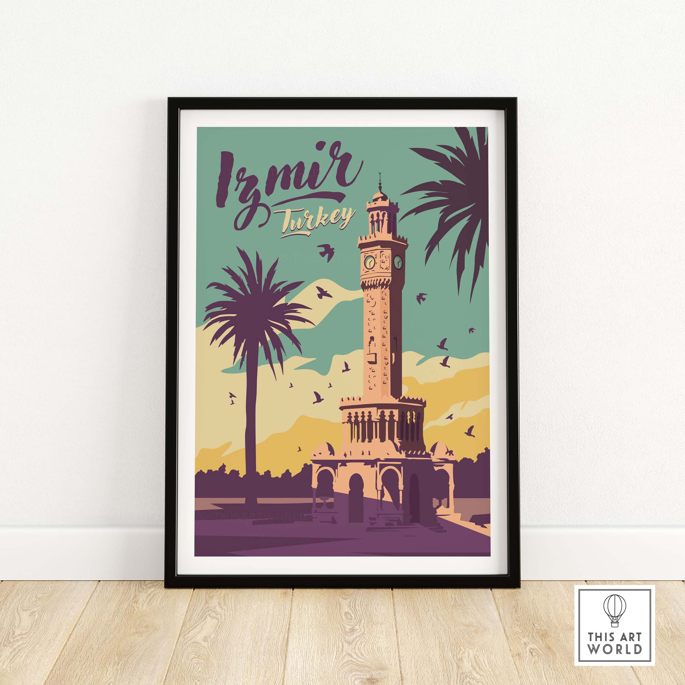 Izmir Turkey travel poster featuring clock tower and palm trees, vintage style wall art
