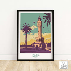 Izmir Turkey wall art poster featuring iconic clock tower surrounded by palm trees and vintage-inspired colors.