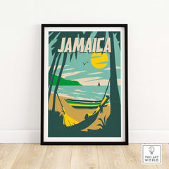 Jamaica Print Beach Poster featuring a vintage style beach scene with a boat and palm trees.