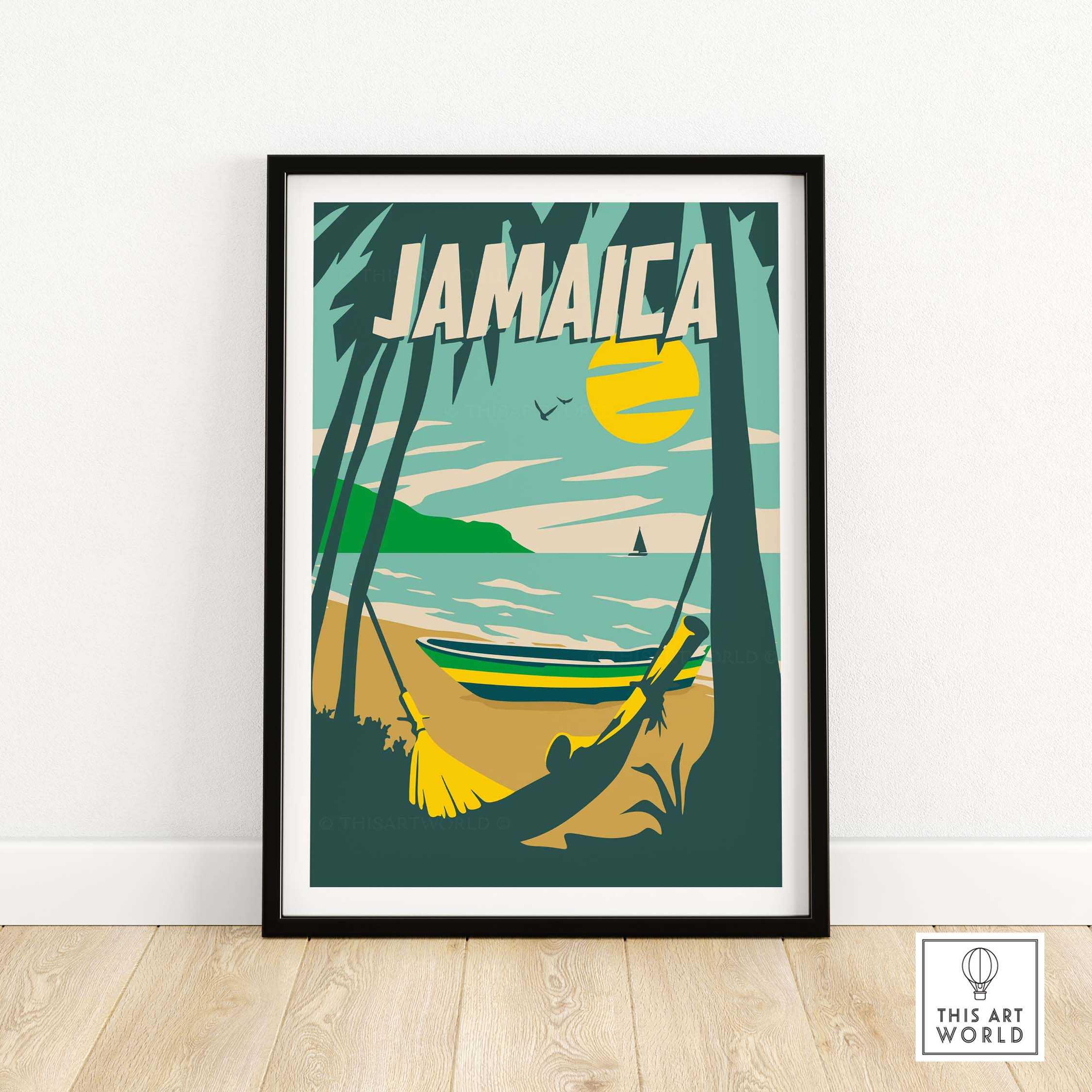 Jamaica Print Beach Poster featuring a vintage style beach scene with a boat and palm trees.