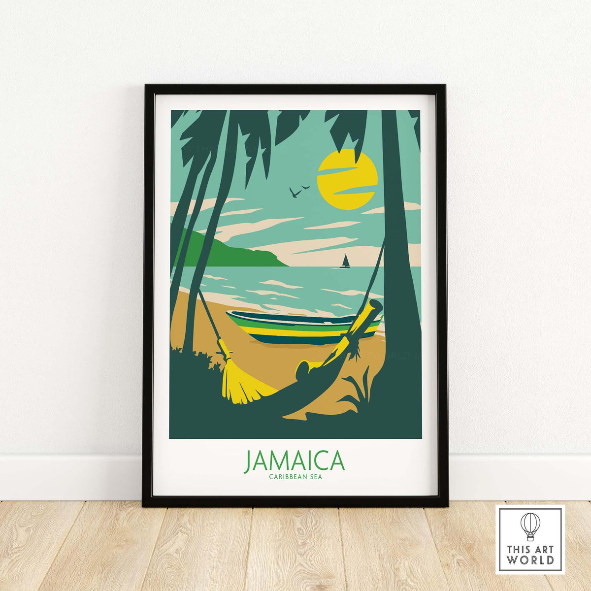 Jamaica Poster Retro featuring tropical beach scene with a boat, sun, and palm trees, framed wall art for home decor.