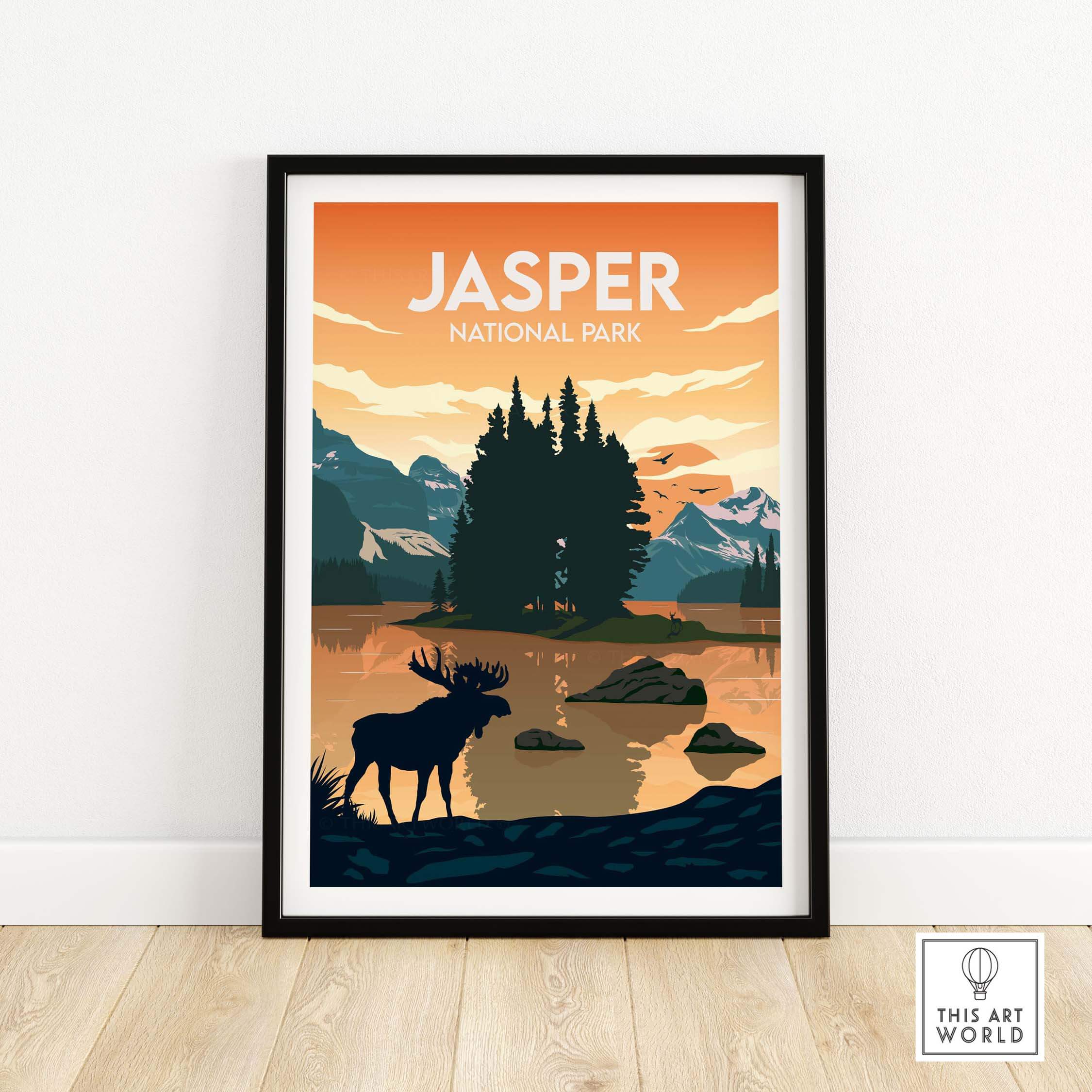 Jasper National Park poster featuring a moose silhouette against a colorful sunset and mountain backdrop.