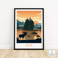 Jasper National Park poster art print featuring a moose, mountains, and tranquil waters in minimalist style.