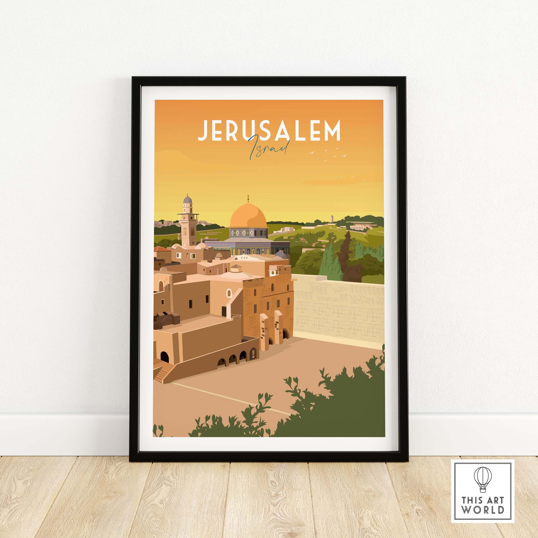 Jerusalem Print artwork featuring a minimalist design of Jerusalem's skyline with vintage travel poster inspiration.