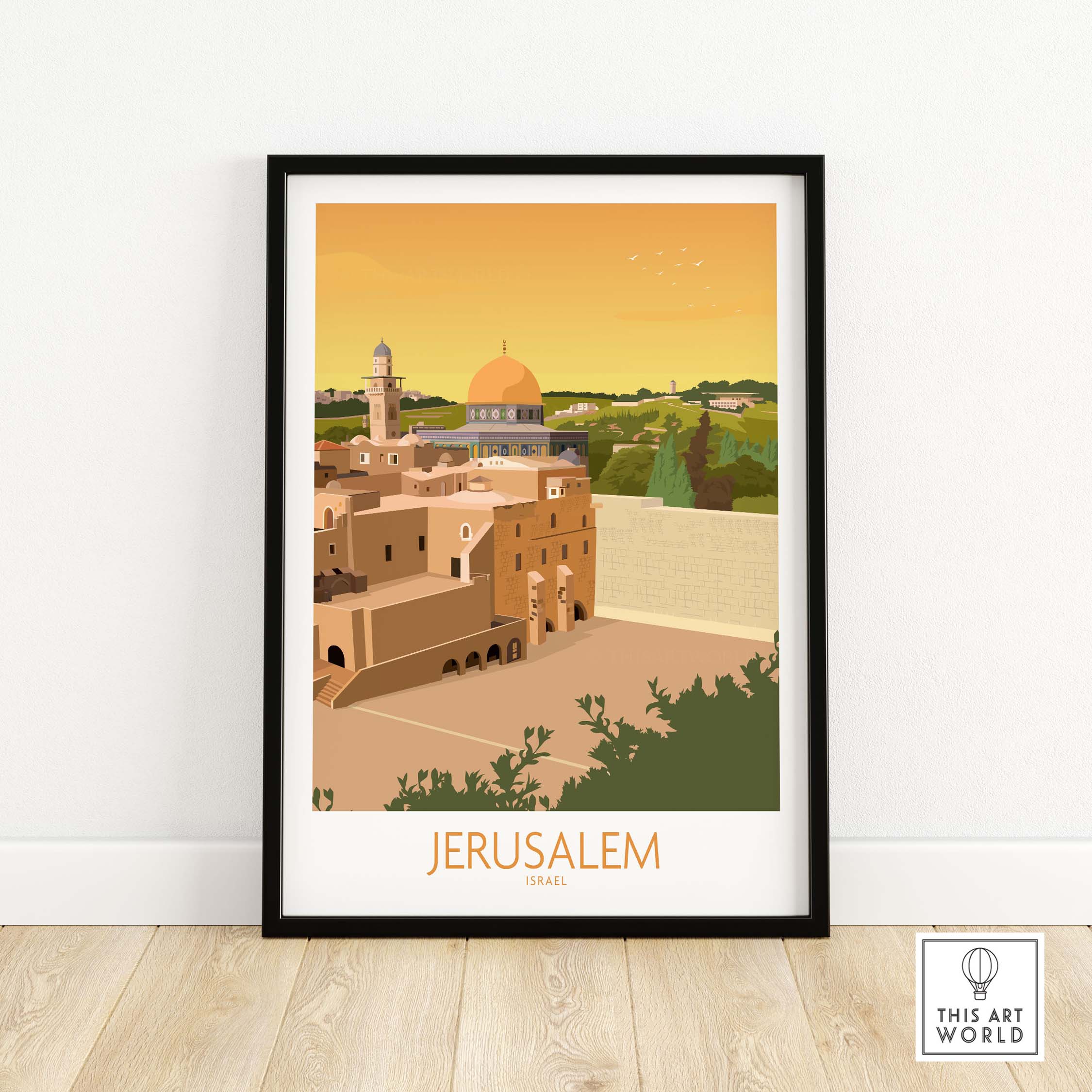 Jerusalem Wall Art Poster featuring a minimalist design with warm colors and iconic landmarks of Israel.