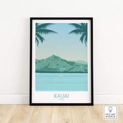 Kauai Print Hawaii Island Beach Poster featuring mountains and palm trees, ideal for wall decor.
