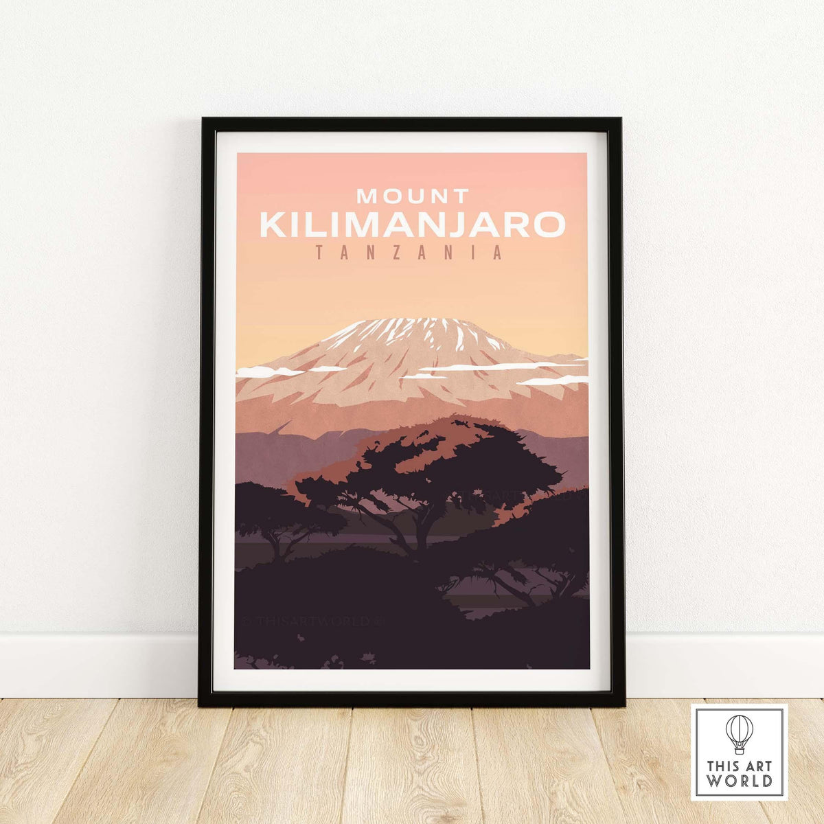 Kilimanjaro Print Wall Art Poster featuring Mount Kilimanjaro in vintage style, perfect for travel lovers.