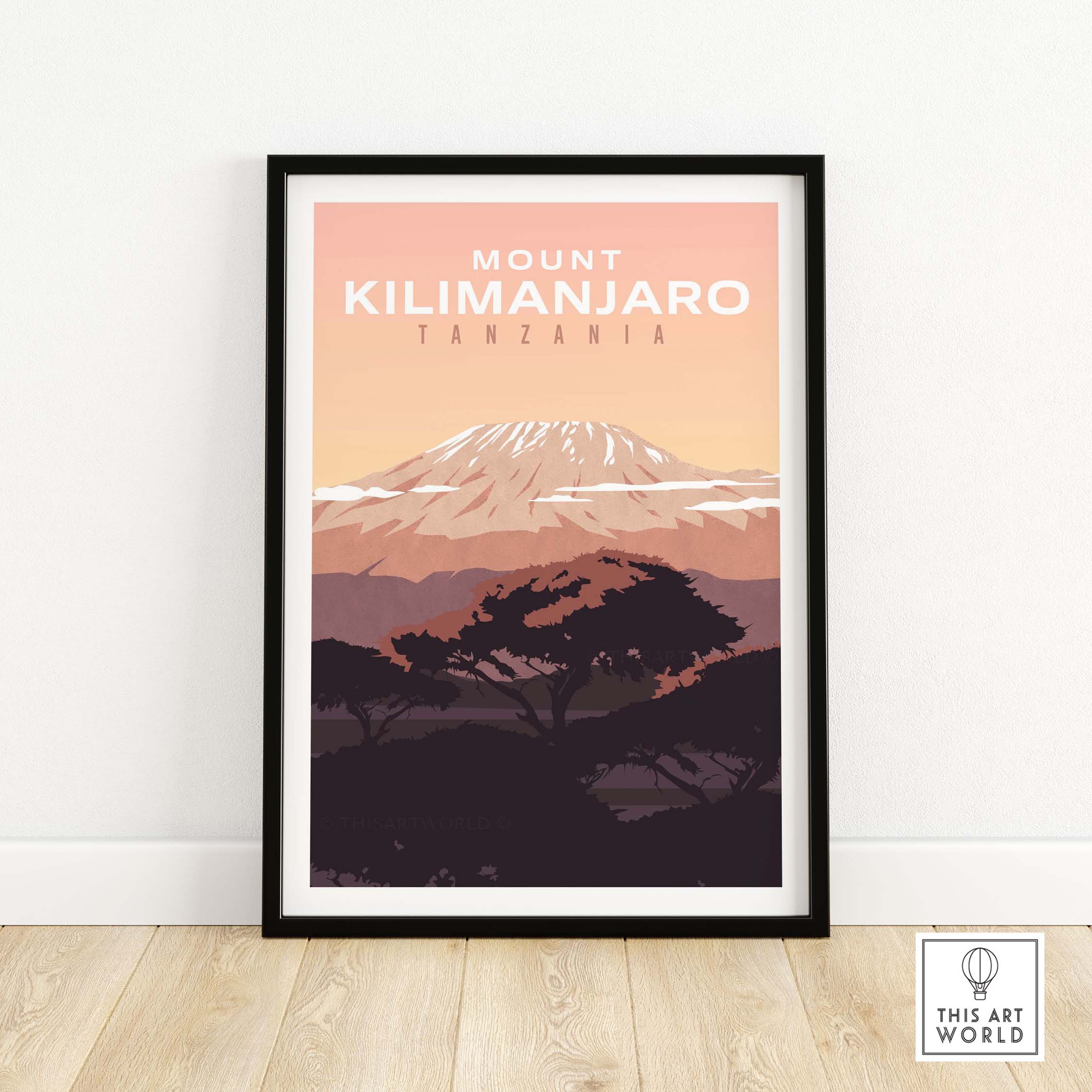 Kilimanjaro Print Wall Art Poster featuring Mount Kilimanjaro in vintage style, perfect for travel lovers.