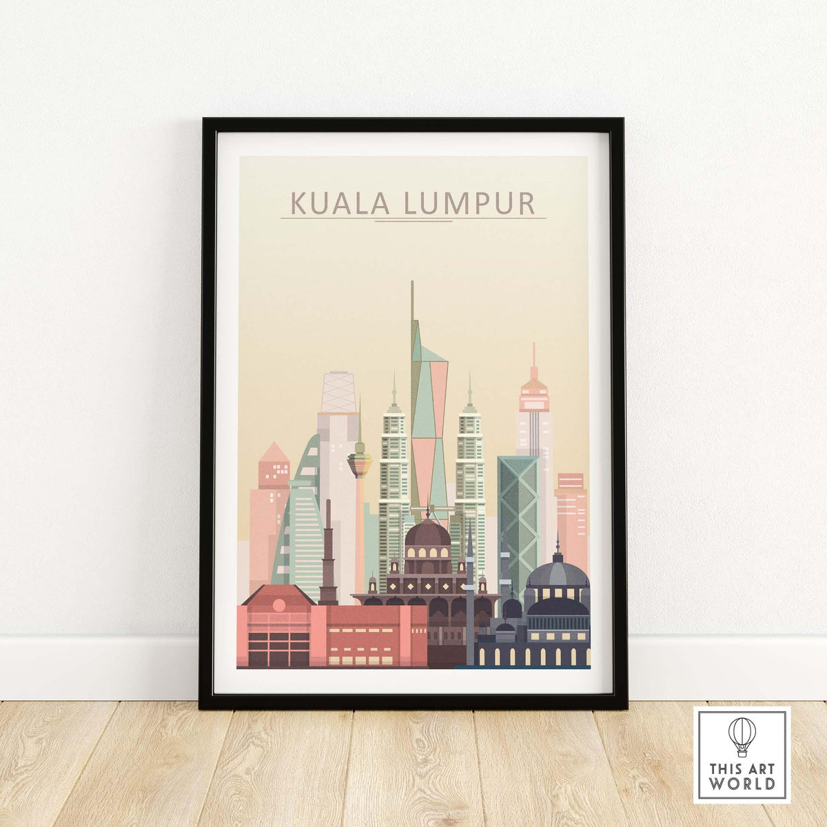 Kuala Lumpur skyline wall art print featuring iconic buildings in warm pastel tones, framed decor for city lovers.