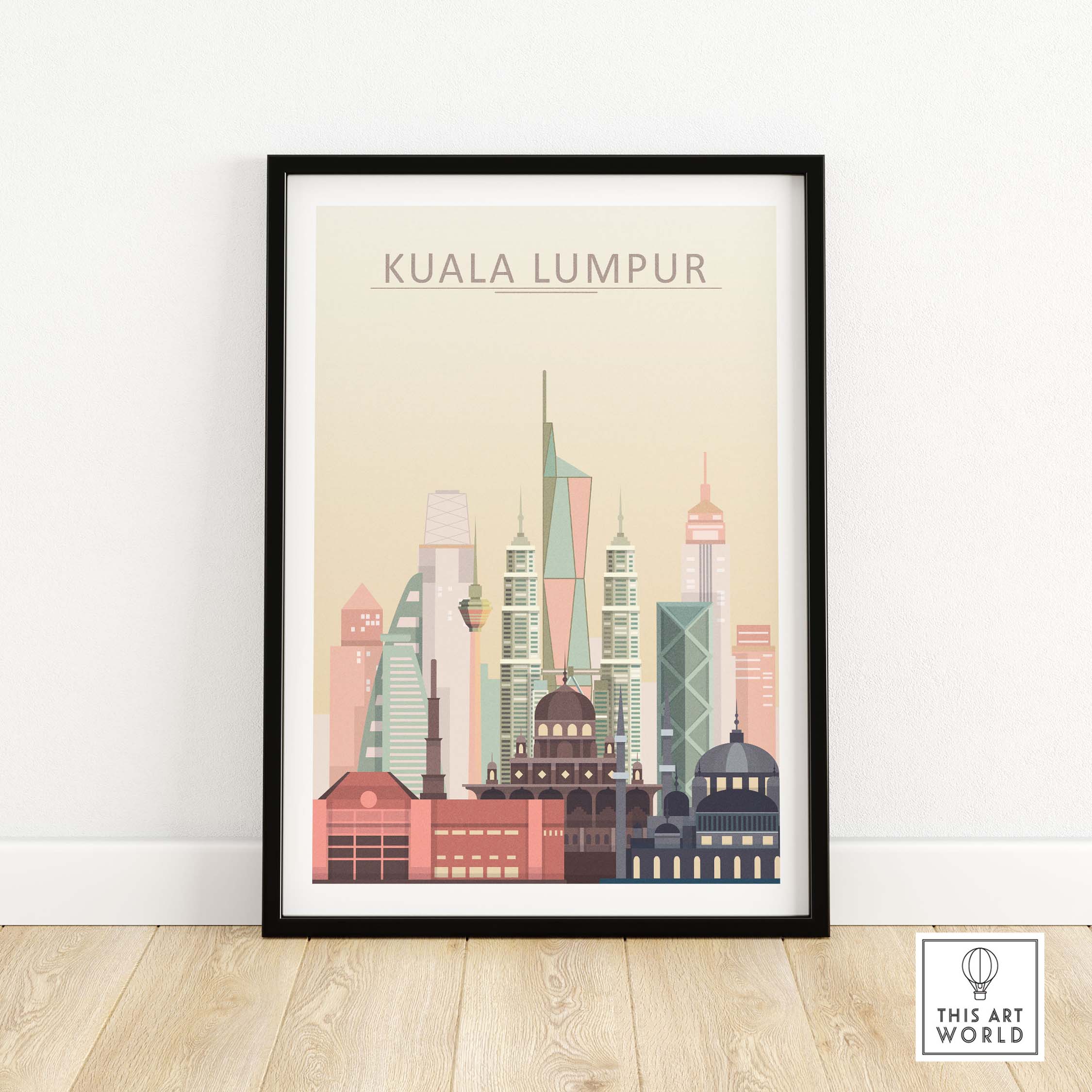 Kuala Lumpur skyline wall art print featuring iconic buildings in warm pastel tones, framed decor for city lovers.