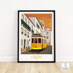 Lisbon Poster Portugal Print featuring a vintage-style yellow tram against a charming street backdrop.