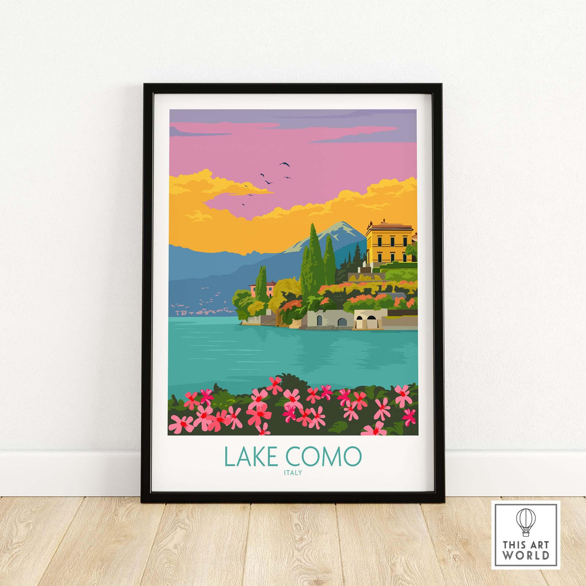 Lake Como Italy minimalist poster showcasing vibrant colors and scenic lake view with flowers and mountains.