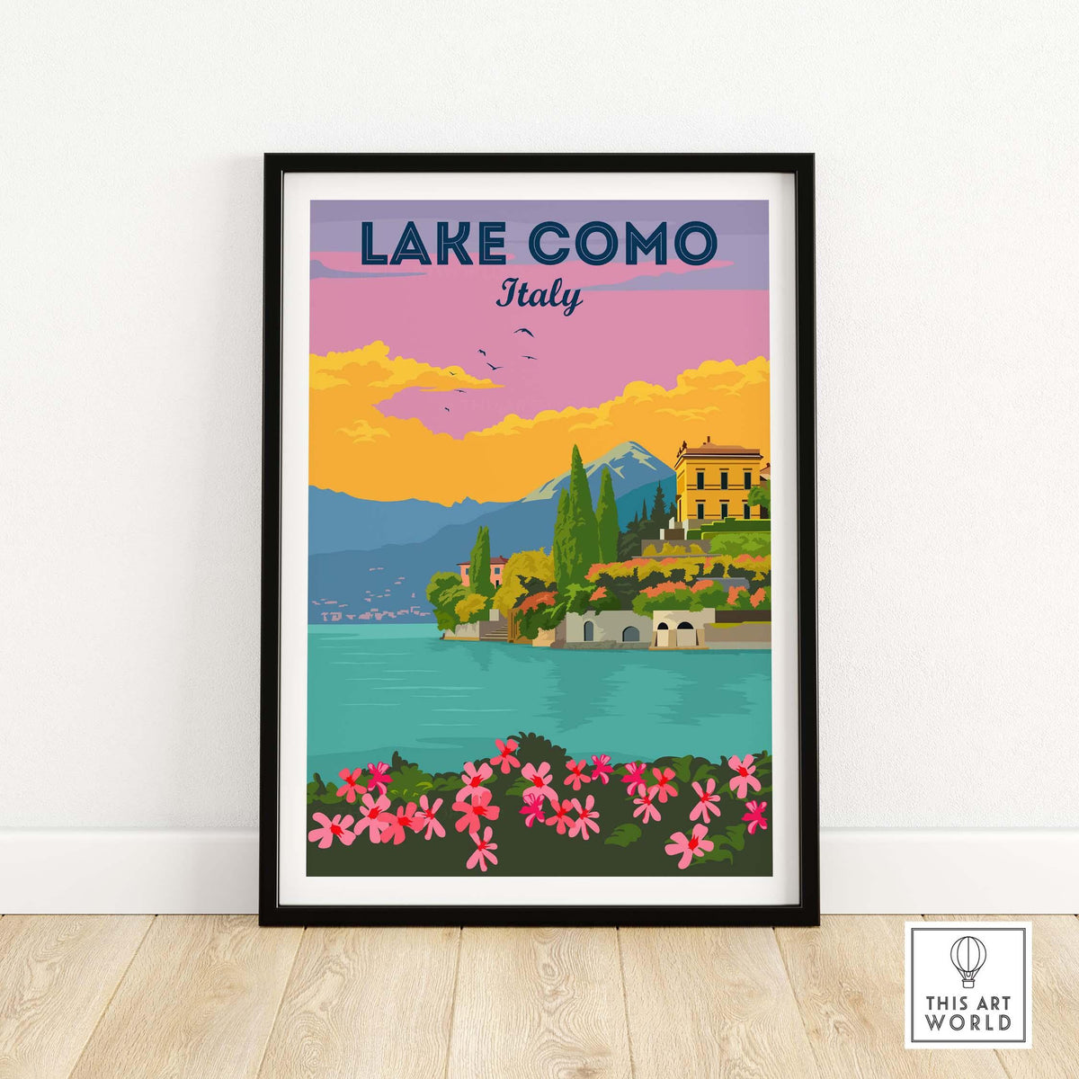 Vintage-inspired Lake Como Italy wall art print featuring scenic views and vibrant colors.