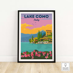 Vintage-inspired Lake Como Italy wall art print featuring scenic views and vibrant colors.
