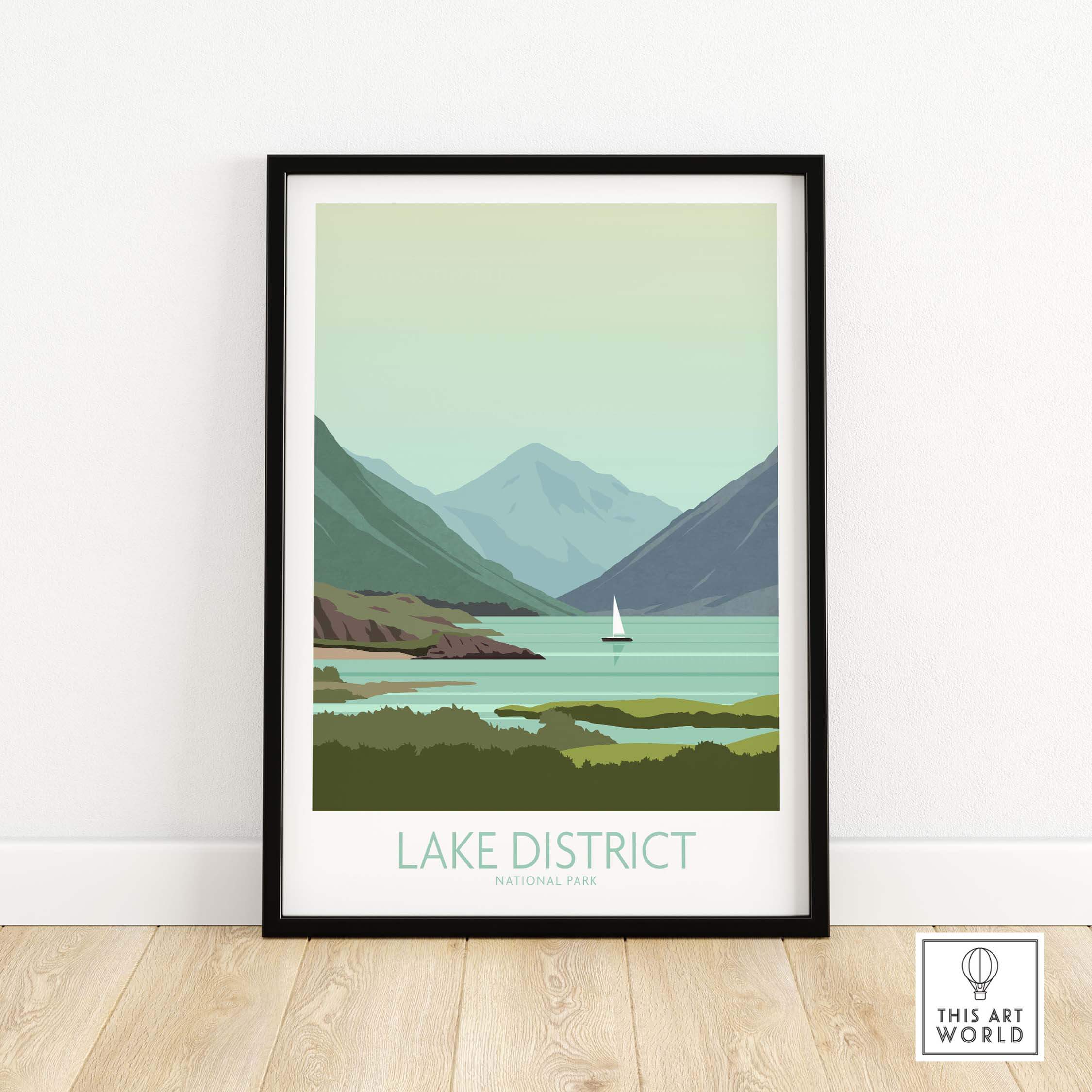 Lake District Poster Print featuring mountains, lake, and sailboat, perfect for home or office decor.