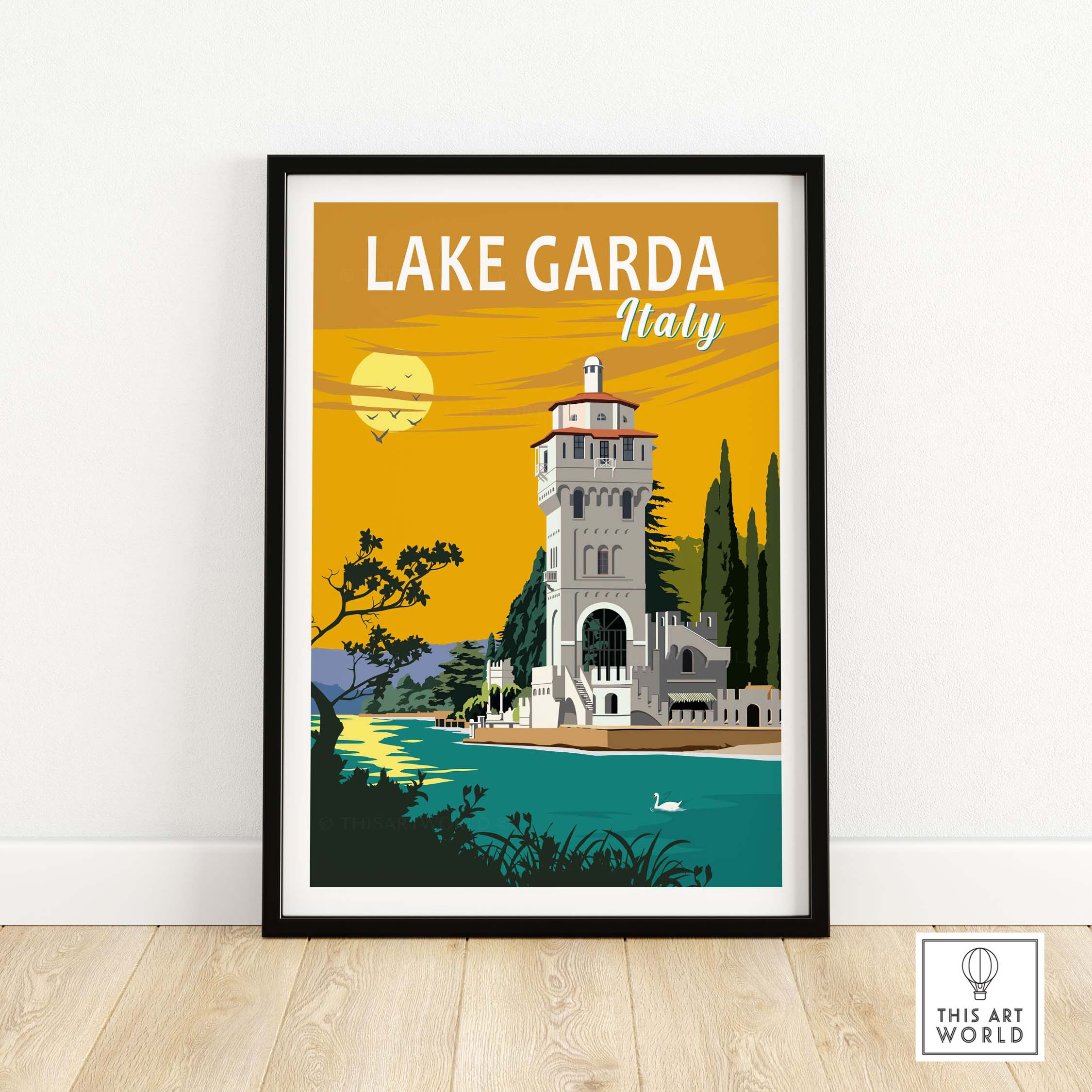 Lake Garda Italy travel poster featuring a scenic view with a tower and sunset, perfect for home decor.