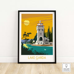 Lake Garda Italy poster print featuring a vintage-inspired design with a scenic tower and sunset.