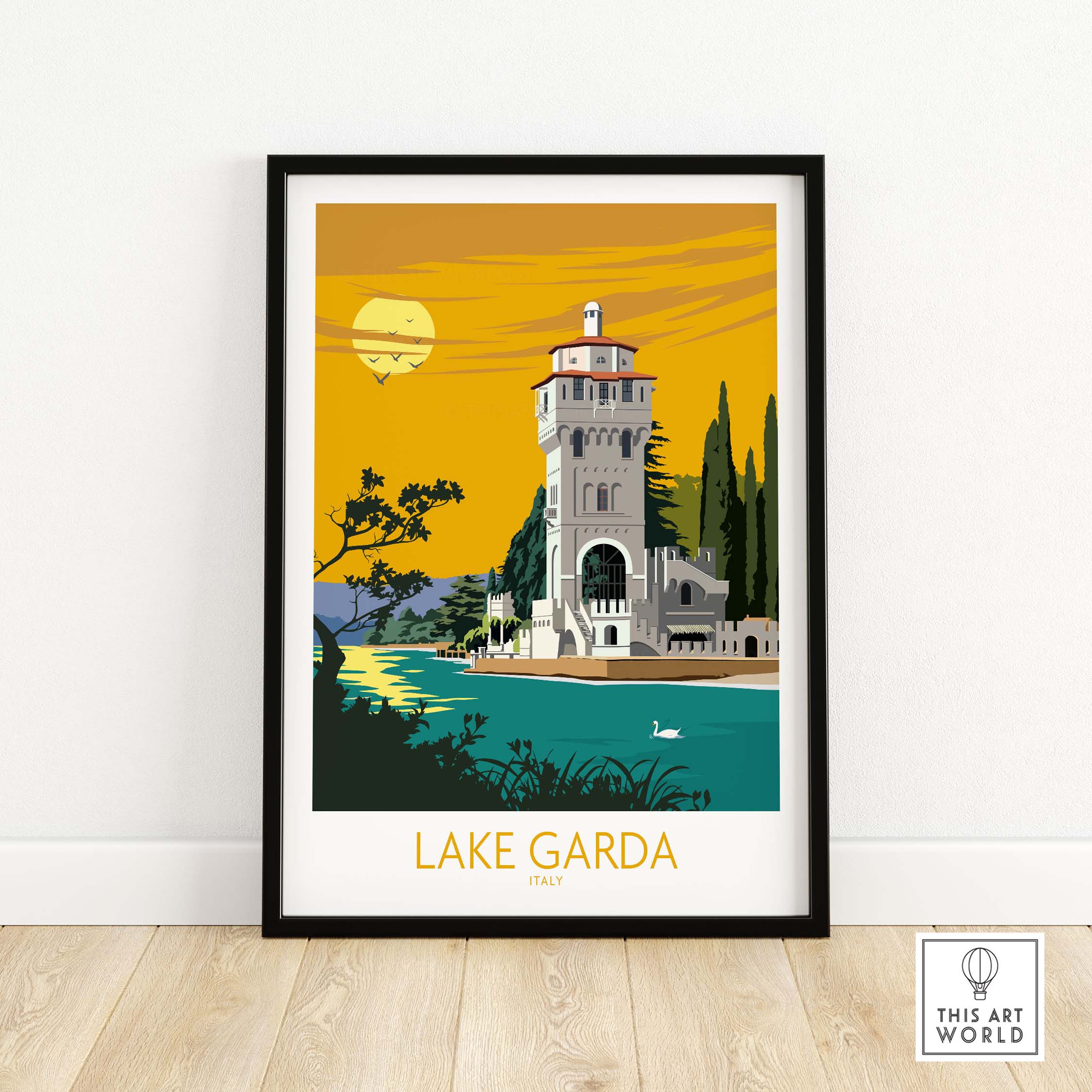 Lake Garda Italy poster print featuring a vintage-inspired design with a scenic tower and sunset.