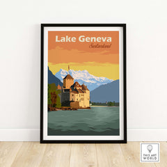 Lake Geneva vintage travel poster print featuring a castle and mountains in Switzerland.