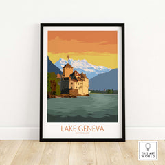 Lake Geneva Art Print featuring a scenic view of a castle and mountains in Switzerland, perfect for travel enthusiasts.