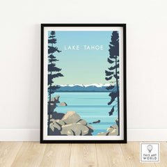 Lake Tahoe print wall art poster featuring serene lake view and trees, perfect for home or office decor.