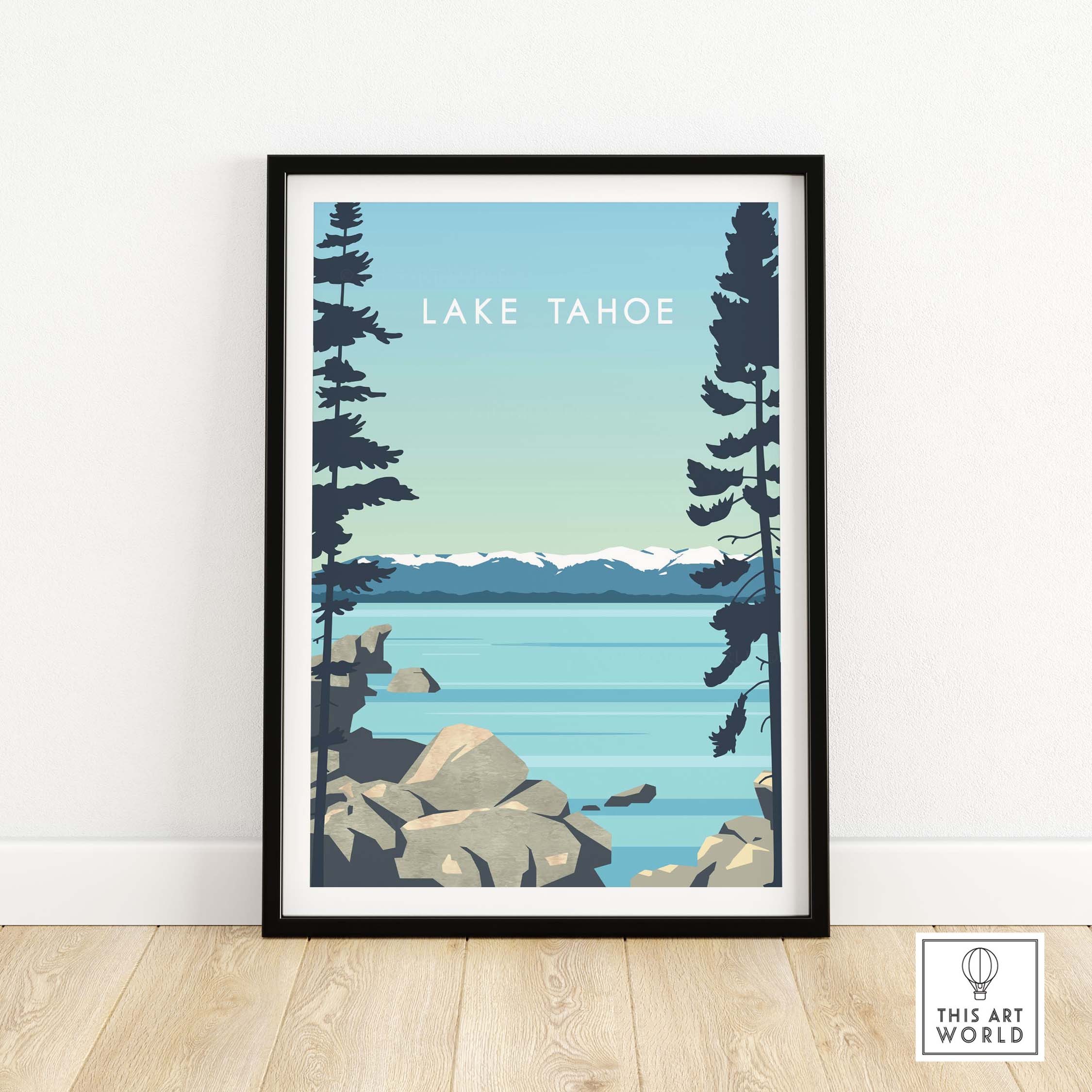 Lake Tahoe print wall art poster featuring serene lake view and trees, perfect for home or office decor.
