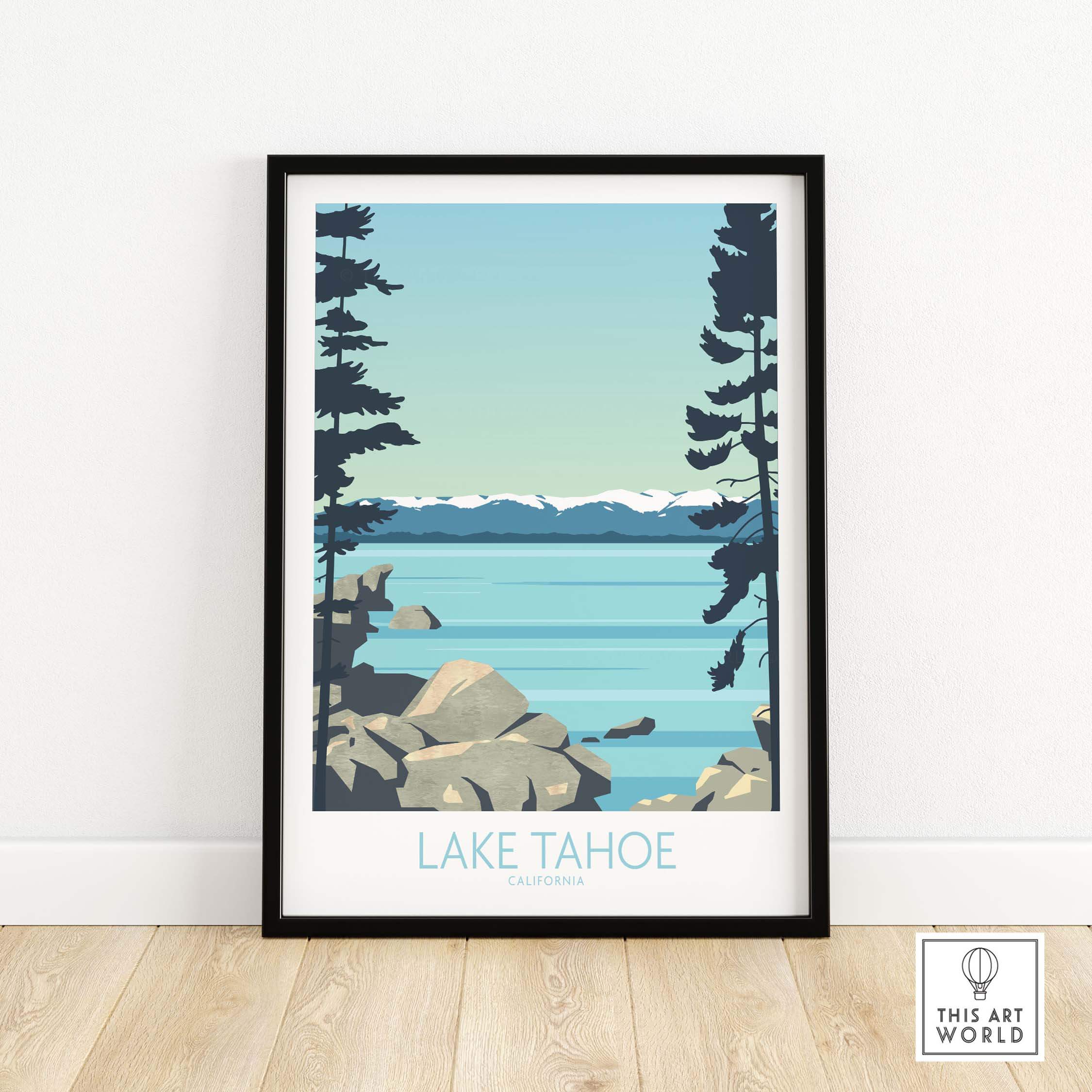 Lake Tahoe California print artwork featuring serene landscape and trees, perfect for stylish home decor.