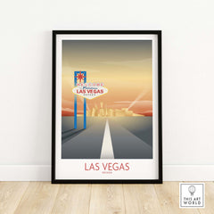 Framed Las Vegas Wall Art Print featuring vintage welcome sign and scenic road, perfect for home or office decor.
