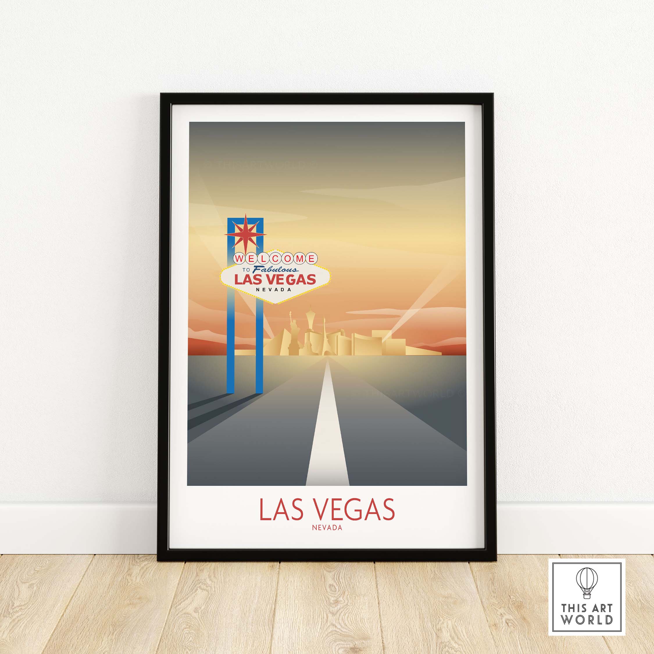 Framed Las Vegas Wall Art Print featuring vintage welcome sign and scenic road, perfect for home or office decor.