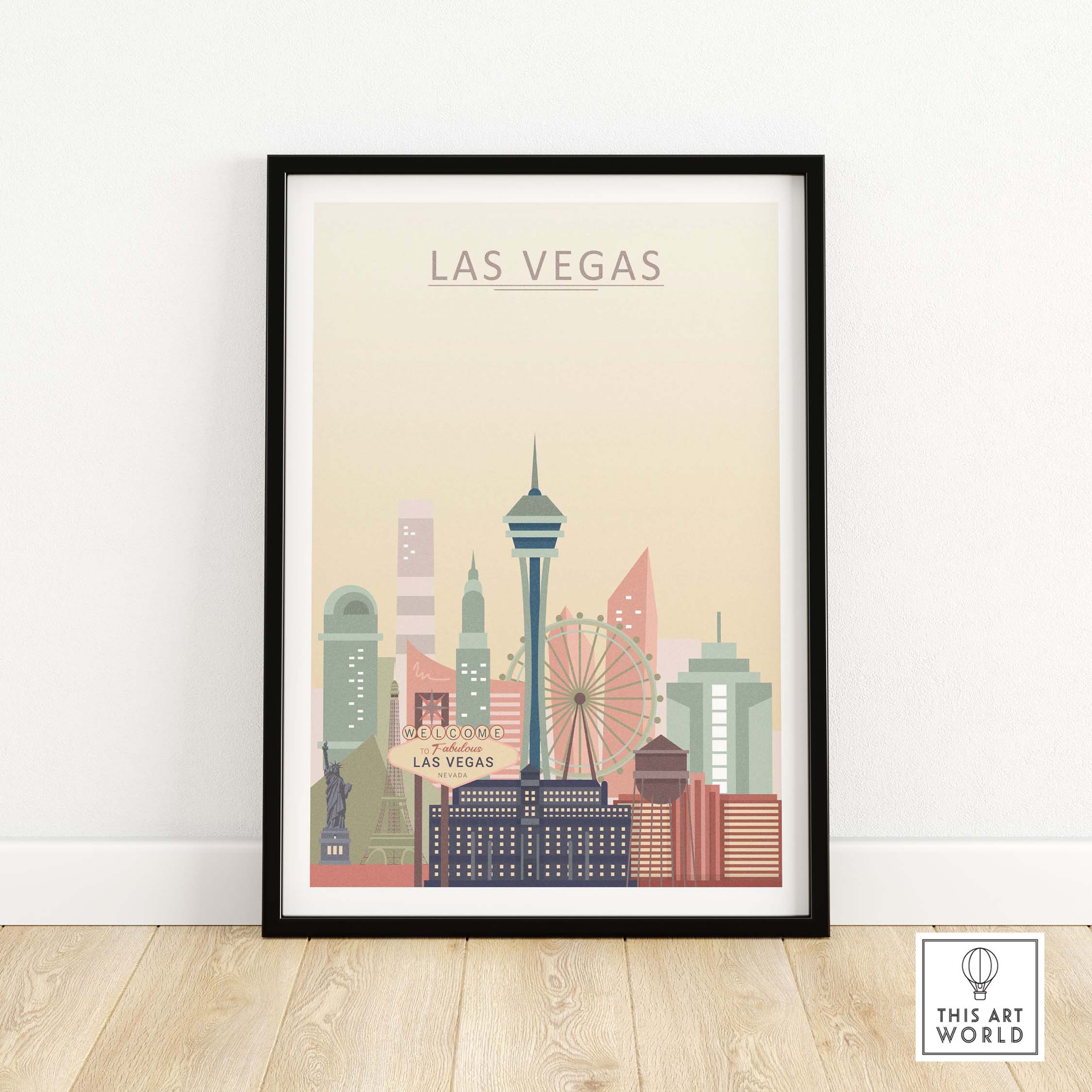 Stylish Las Vegas Skyline Poster featuring iconic landmarks in warm pastel tones, framed for home or office decor.