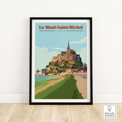 Le Mont Saint Michel poster print featuring vintage-inspired artwork of the iconic French landmark.