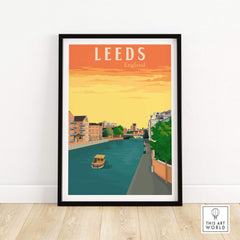Leeds Poster Print featuring a river scene and vintage style, showcasing England's charm in wall art.