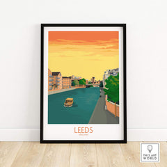 Leeds Print England Travel Poster featuring a scenic river view at sunset, perfect for home or office decor.